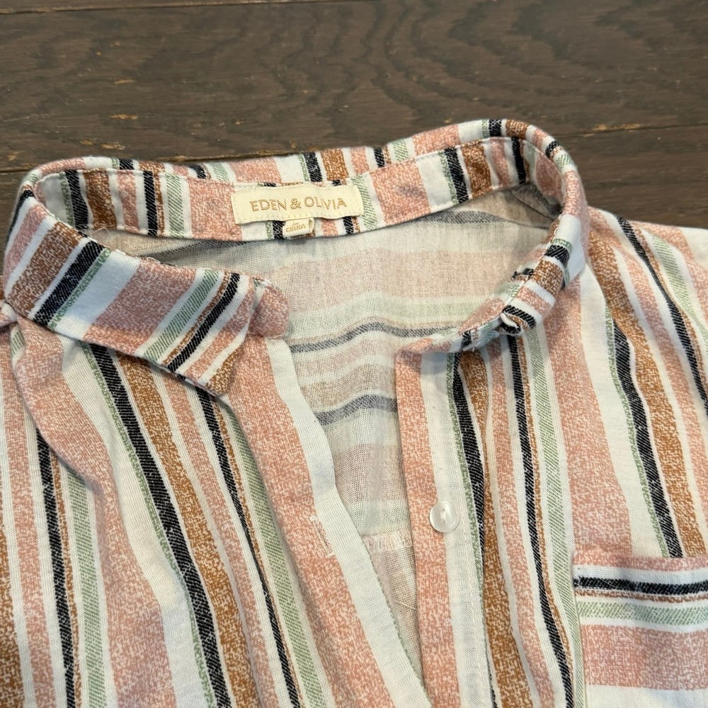 Eden & Olivia Womens Medium Striped Tie Front Button Down Shirt Terracotta Sage - Picture 2 of 4